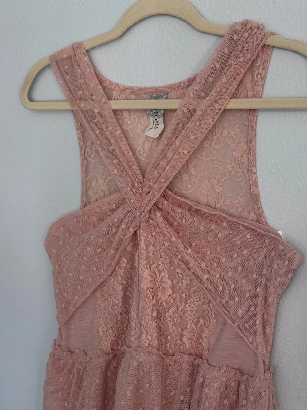Free People Blush Pink Swiss Dot Lace Crossover Halter Peplum Tank Top L
